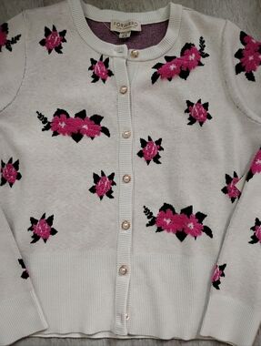 Light Cream Floral Cardigan with Pink Flower Embroidery